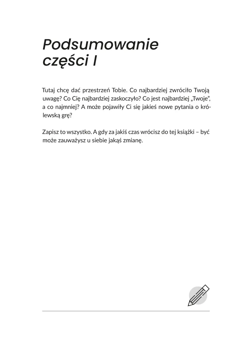 Strona 33 książki: podsumowanie pierwszej części z miejscem na własne refleksje.