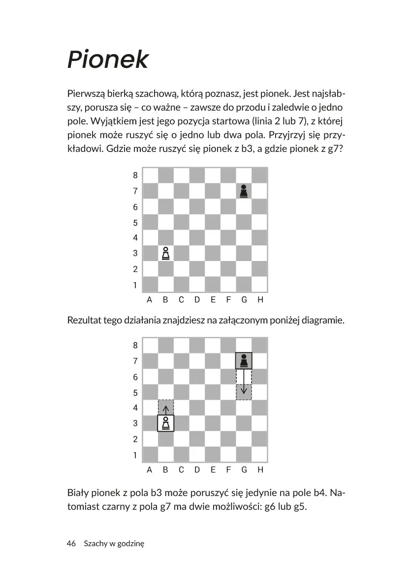 Strona 46 książki: zasady poruszania pionkiem przedstawione na diagramach.