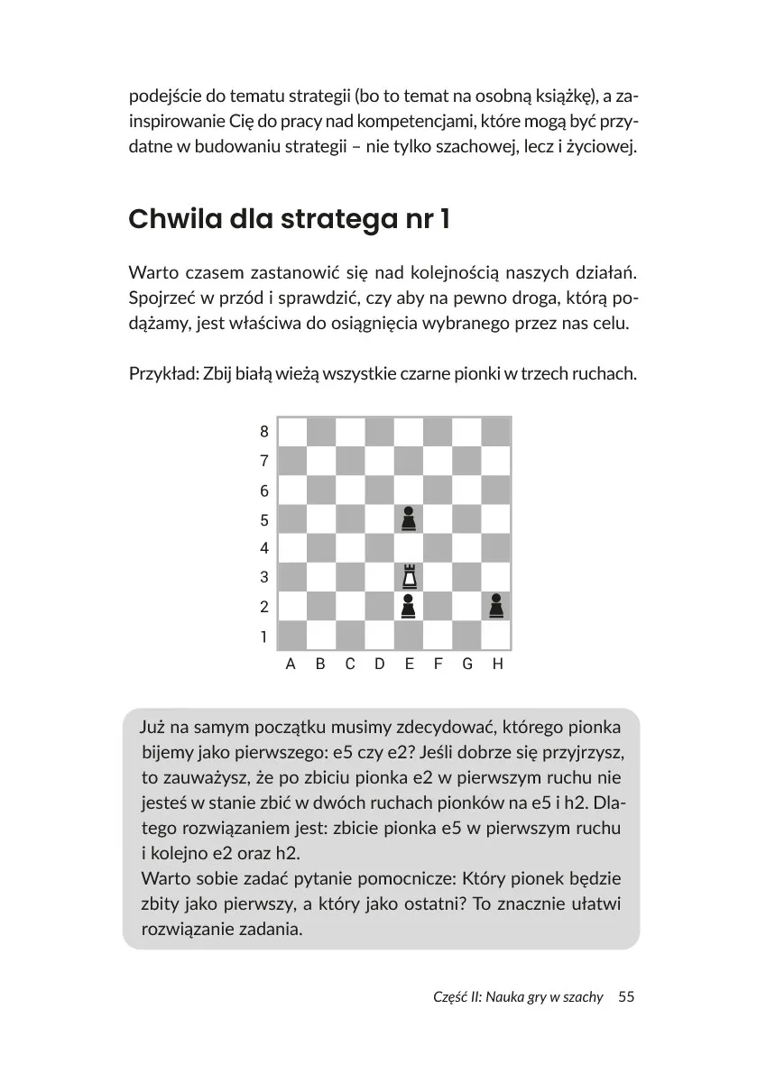 Strona 55 książki: zadanie strategiczne polegające na zbiciu trzech pionków wieżą.