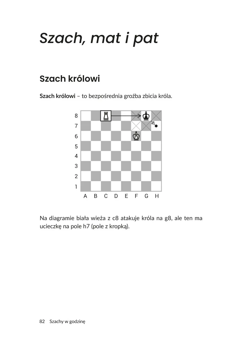 Strona 82 książki: objaśnienie szacha królowi na przykładzie wieży i diagramu.