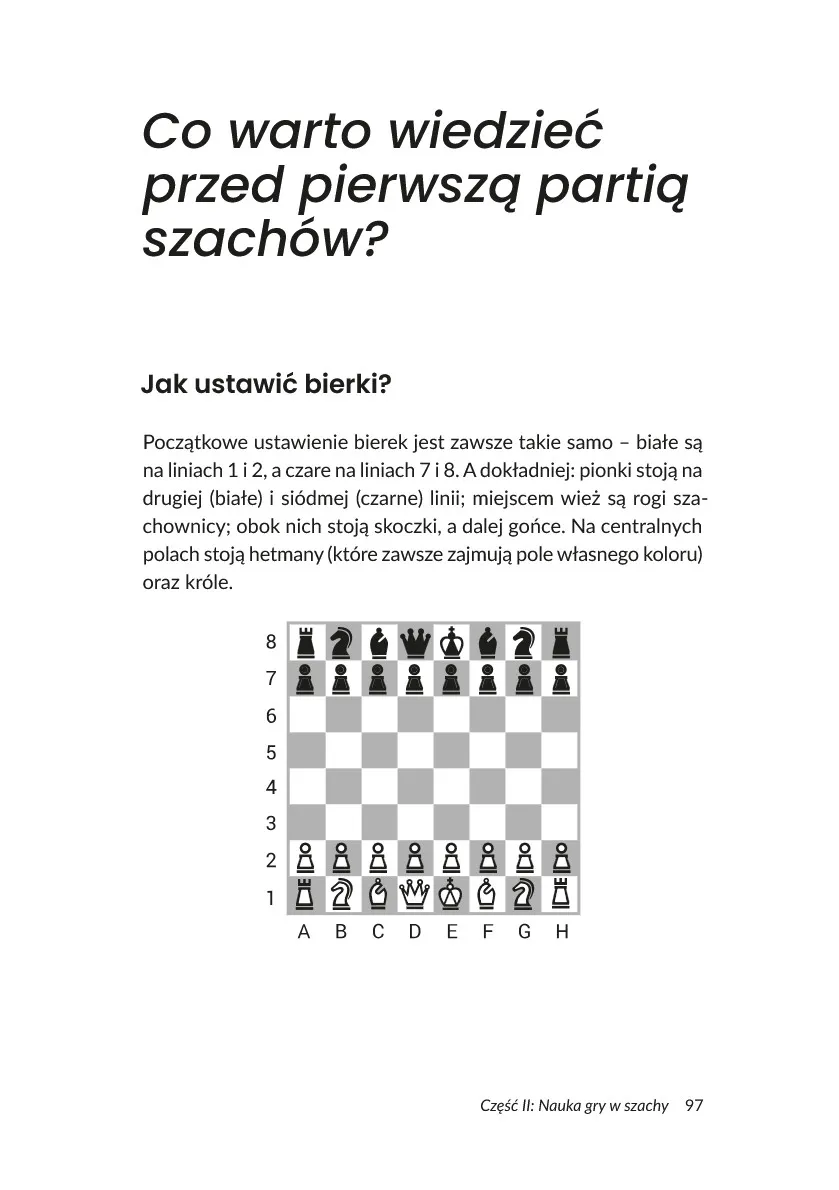 Strona 97 książki: początkowe ustawienie bierek przed pierwszą partią szachów.